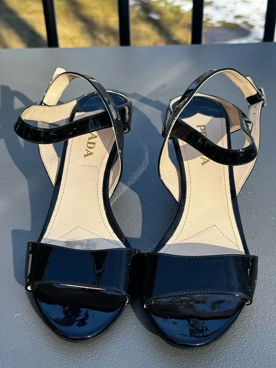 Prada Black Patent Open-Toe Ankle Strap Wedge Sandals Size 39.5 - Picture 5 of 13